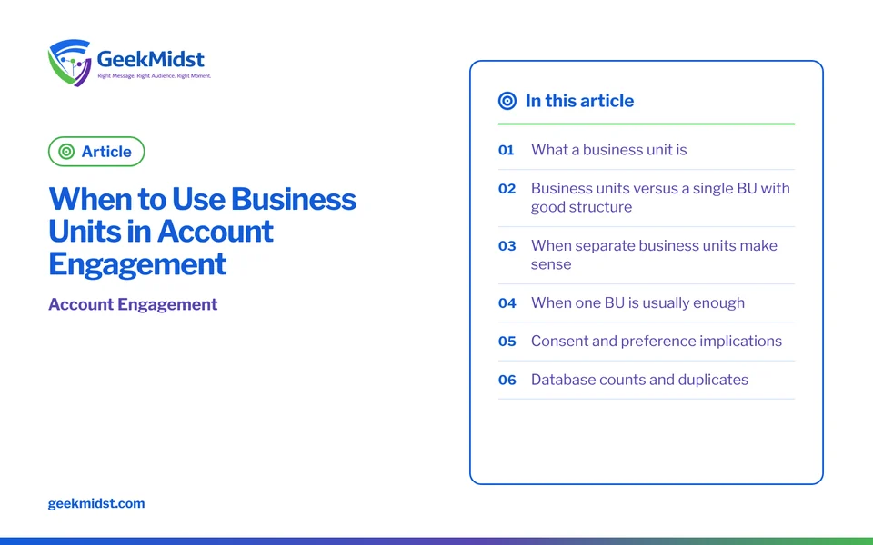 Banner for the GeekMidst article “When to Use Business Units in Account Engagement”, covering What a business unit is and Business units versus a…
