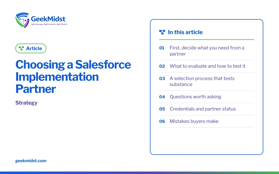 Banner for the GeekMidst article “Choosing a Salesforce Implementation Partner”, covering First, decide what you need from a partner and What to…