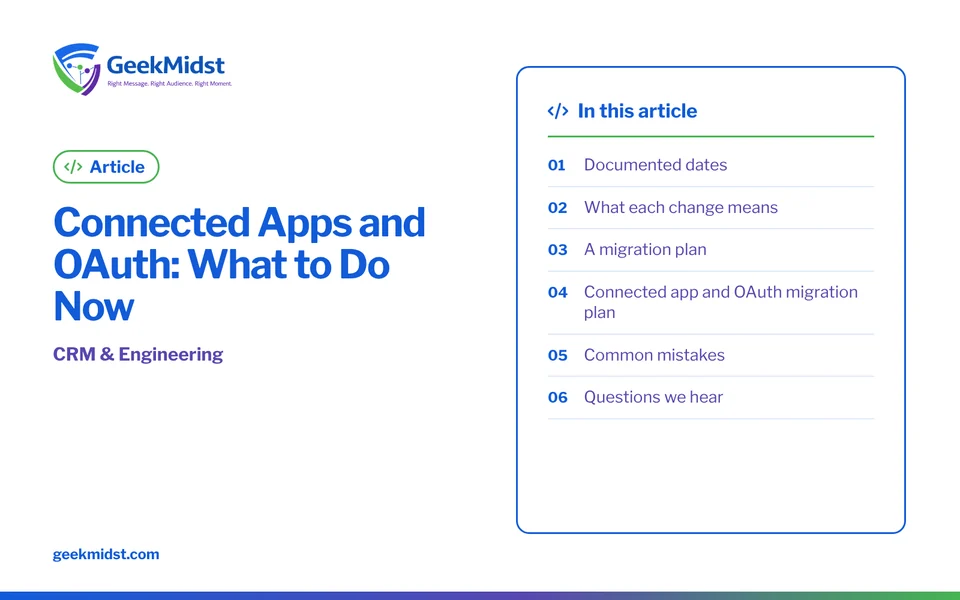 Banner for the GeekMidst article “Connected Apps and OAuth: What to Do Now”, covering Documented dates and What each change means