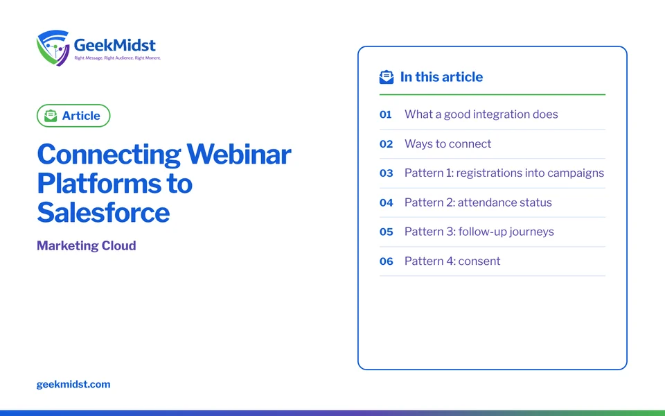 Banner for the GeekMidst article “Connecting Webinar Platforms to Salesforce”, covering What a good integration does and Ways to connect