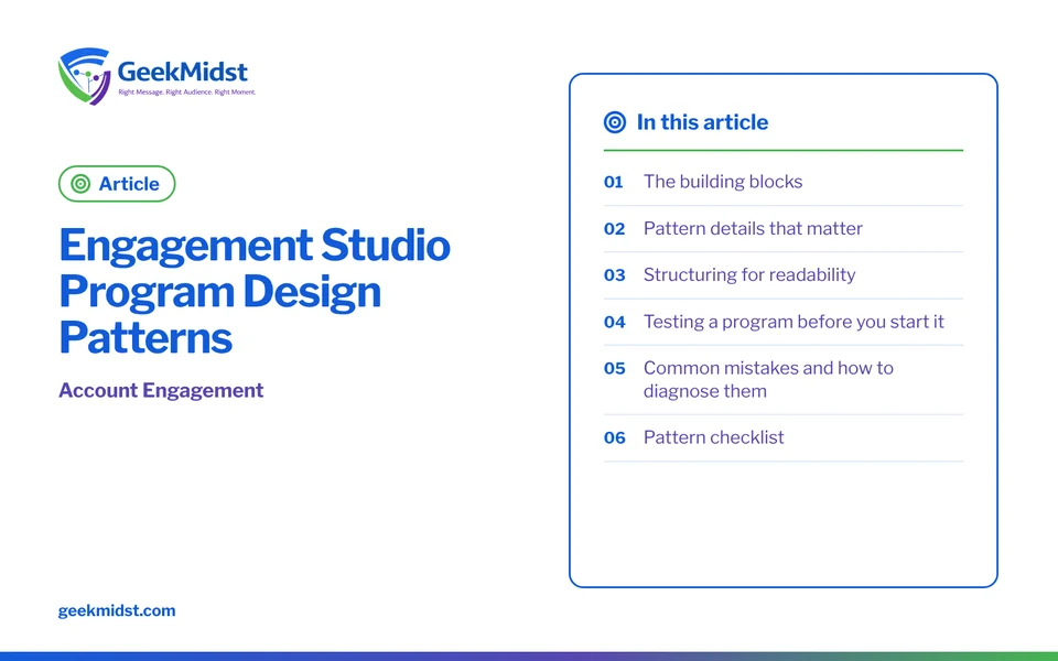 Banner for the GeekMidst article “Engagement Studio Program Design Patterns”, covering The building blocks and Pattern details that matter