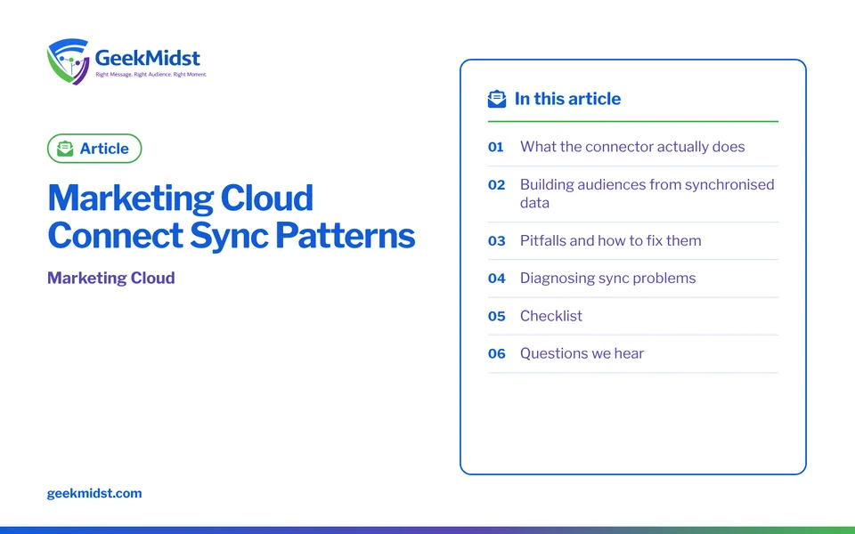 Banner for the GeekMidst article “Marketing Cloud Connect Sync Patterns”, covering What the connector actually does and Building audiences from…