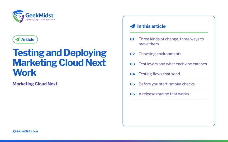 Banner for the GeekMidst article “Testing and Deploying Marketing Cloud Next Work”, covering Three kinds of change, three ways to move them and…