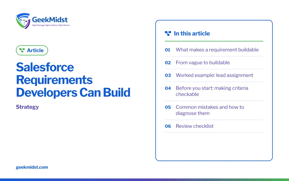 Banner for the GeekMidst article “Salesforce Requirements Developers Can Build”, covering What makes a requirement buildable and From vague to…