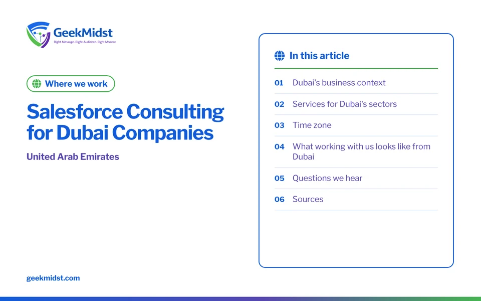 Banner for the GeekMidst where we work “Salesforce Consulting for Dubai Companies”, covering Dubai's business context and Services for Dubai's sectors