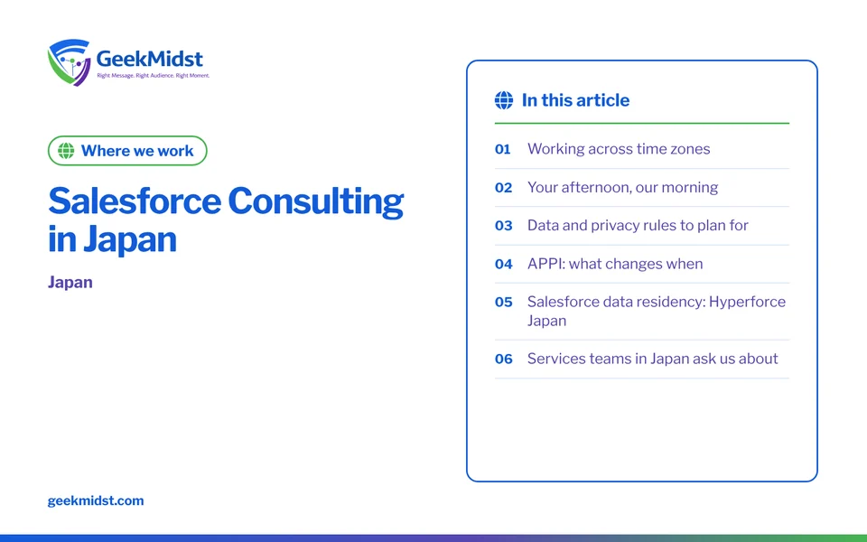 Banner for the GeekMidst where we work “Salesforce Consulting in Japan”, covering Working across time zones and Your afternoon, our morning