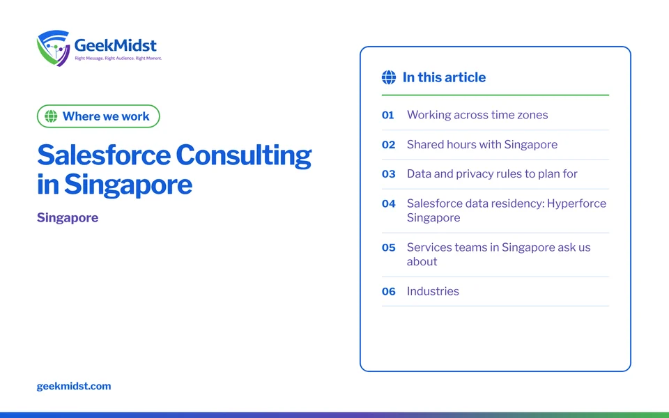 Banner for the GeekMidst where we work “Salesforce Consulting in Singapore”, covering Working across time zones and Shared hours with Singapore