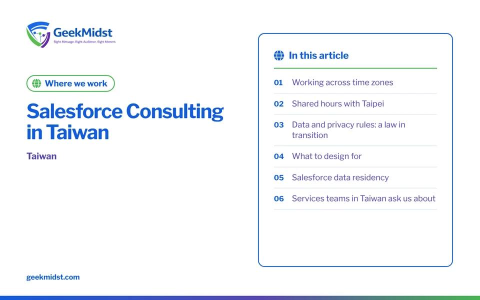 Banner for the GeekMidst where we work “Salesforce Consulting in Taiwan”, covering Working across time zones and Shared hours with Taipei
