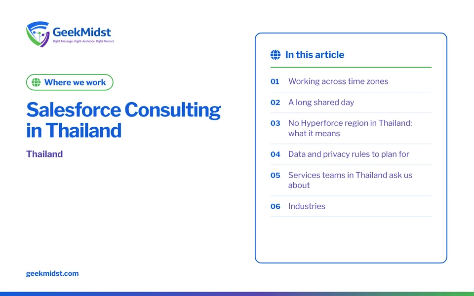 Banner for the GeekMidst where we work “Salesforce Consulting in Thailand”, covering Working across time zones and A long shared day