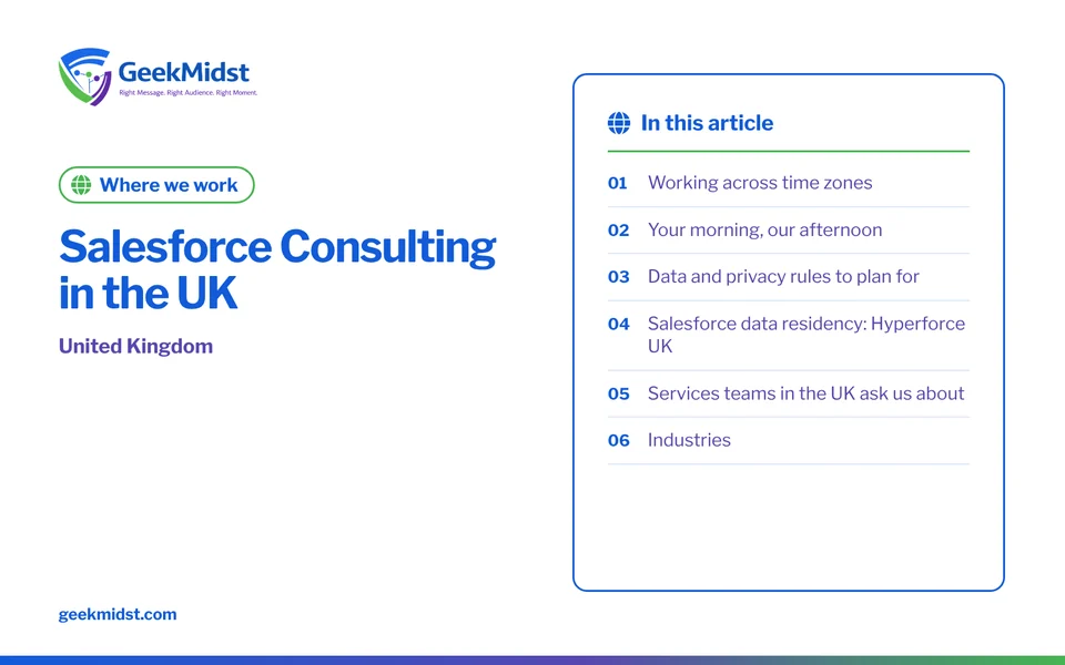 Banner for the GeekMidst where we work “Salesforce Consulting in the UK”, covering Working across time zones and Your morning, our afternoon