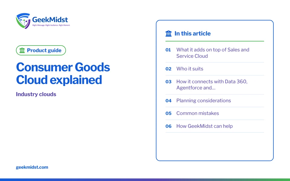 Banner for the GeekMidst product guide “Consumer Goods Cloud explained”, covering What it adds on top of Sales and Service Cloud and Who it suits