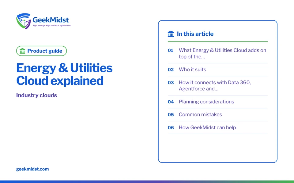 Banner for the GeekMidst product guide “Energy & Utilities Cloud explained”, covering What Energy & Utilities Cloud adds on top of the… and Who it…