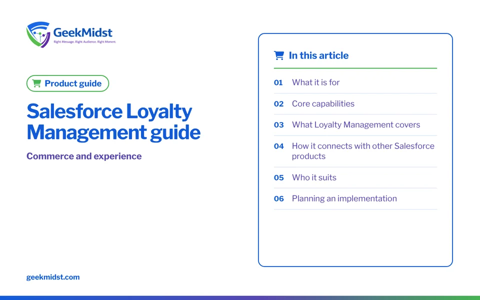 Banner for the GeekMidst product guide “Salesforce Loyalty Management guide”, covering What it is for and Core capabilities