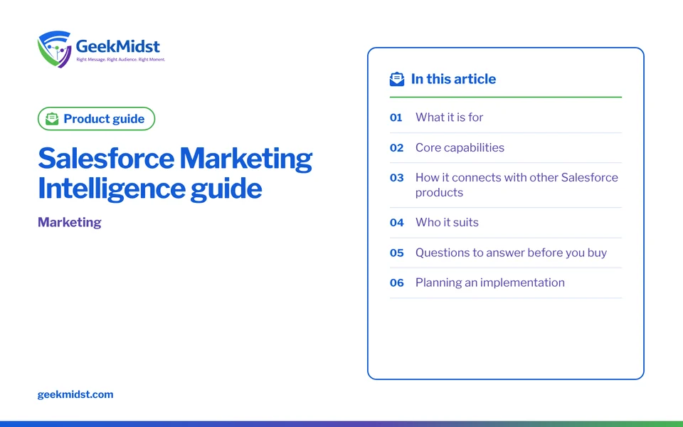 Banner for the GeekMidst product guide “Salesforce Marketing Intelligence guide”, covering What it is for and Core capabilities