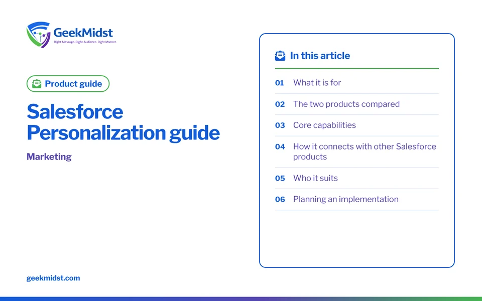 Banner for the GeekMidst product guide “Salesforce Personalization guide”, covering What it is for and The two products compared