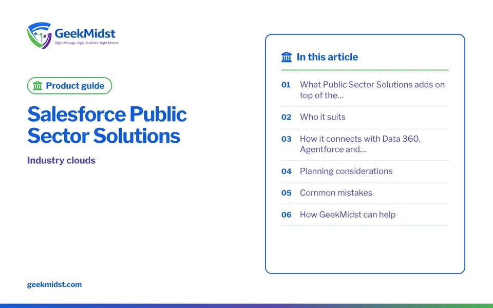 Banner for the GeekMidst product guide “Salesforce Public Sector Solutions”, covering What Public Sector Solutions adds on top of the… and Who it…