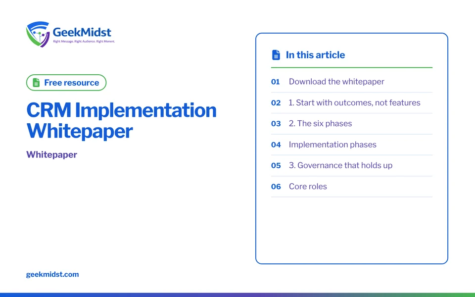 Banner for the GeekMidst free resource “CRM Implementation Whitepaper”, covering Download the whitepaper and 1. Start with outcomes, not features