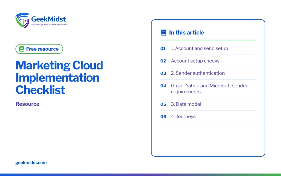 Banner for the GeekMidst free resource “Marketing Cloud Implementation Checklist”, covering 1. Account and send setup and Account setup checks