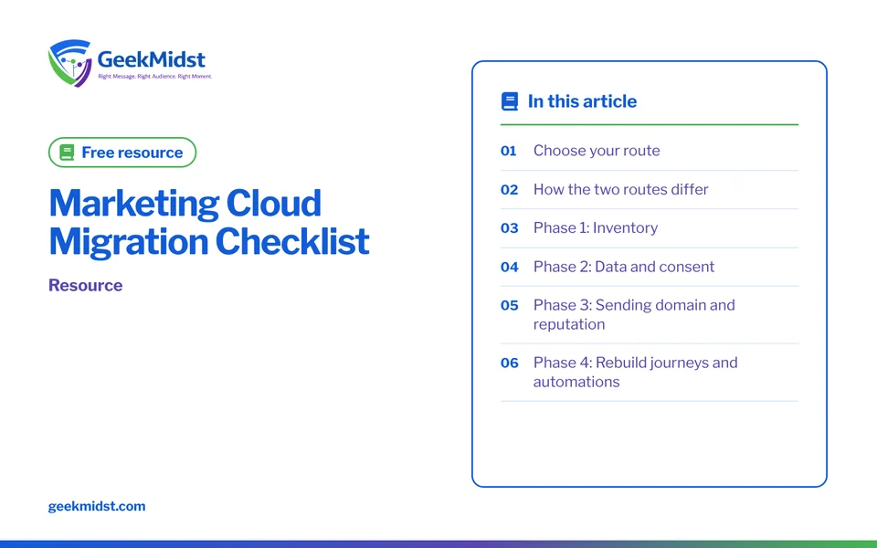 Banner for the GeekMidst free resource “Marketing Cloud Migration Checklist”, covering Choose your route and How the two routes differ