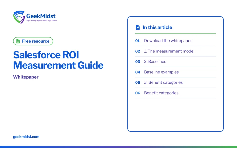 Banner for the GeekMidst free resource “Salesforce ROI Measurement Guide”, covering Download the whitepaper and 1. The measurement model