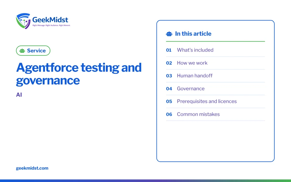 Banner for the GeekMidst service “Agentforce testing and governance”, covering What's included and How we work