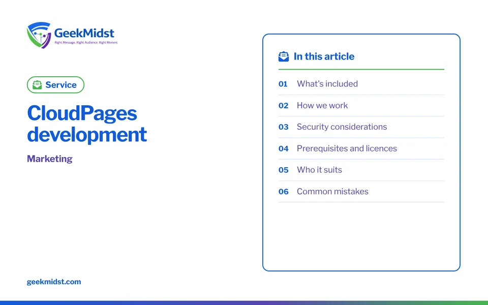 Banner for the GeekMidst service “CloudPages development”, covering What's included and How we work
