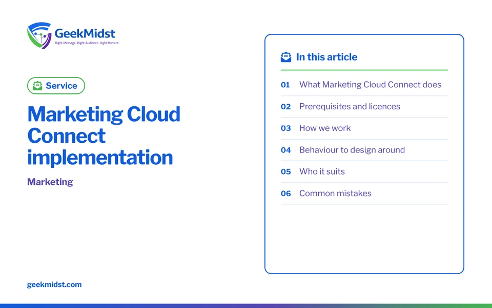 Banner for the GeekMidst service “Marketing Cloud Connect implementation”, covering What Marketing Cloud Connect does and Prerequisites and licences