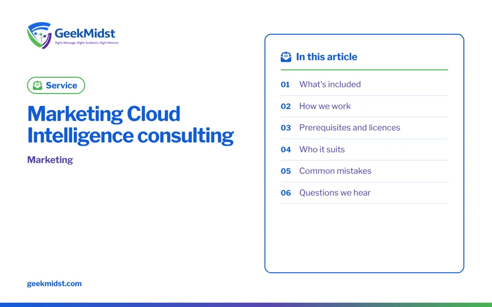 Banner for the GeekMidst service “Marketing Cloud Intelligence consulting”, covering What's included and How we work