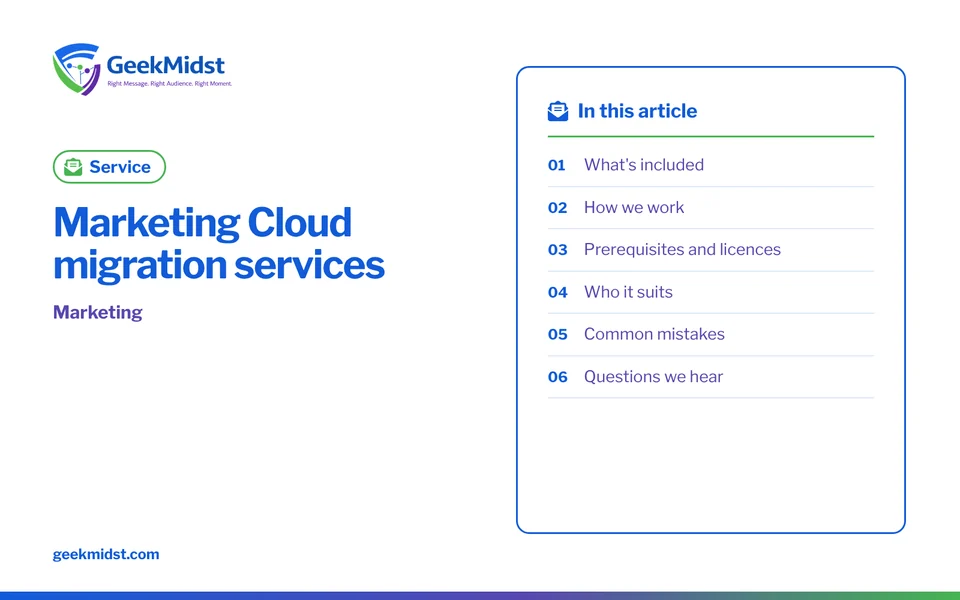 Banner for the GeekMidst service “Marketing Cloud migration services”, covering What's included and How we work