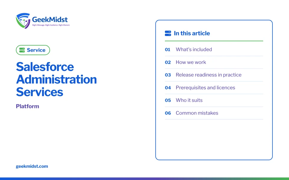 Banner for the GeekMidst service “Salesforce Administration Services”, covering What's included and How we work