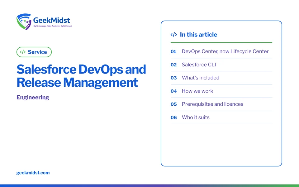 Banner for the GeekMidst service “Salesforce DevOps and Release Management”, covering DevOps Center, now Lifecycle Center and Salesforce CLI