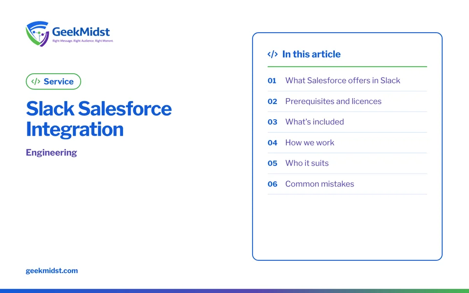 Banner for the GeekMidst service “Slack Salesforce Integration”, covering What Salesforce offers in Slack and Prerequisites and licences