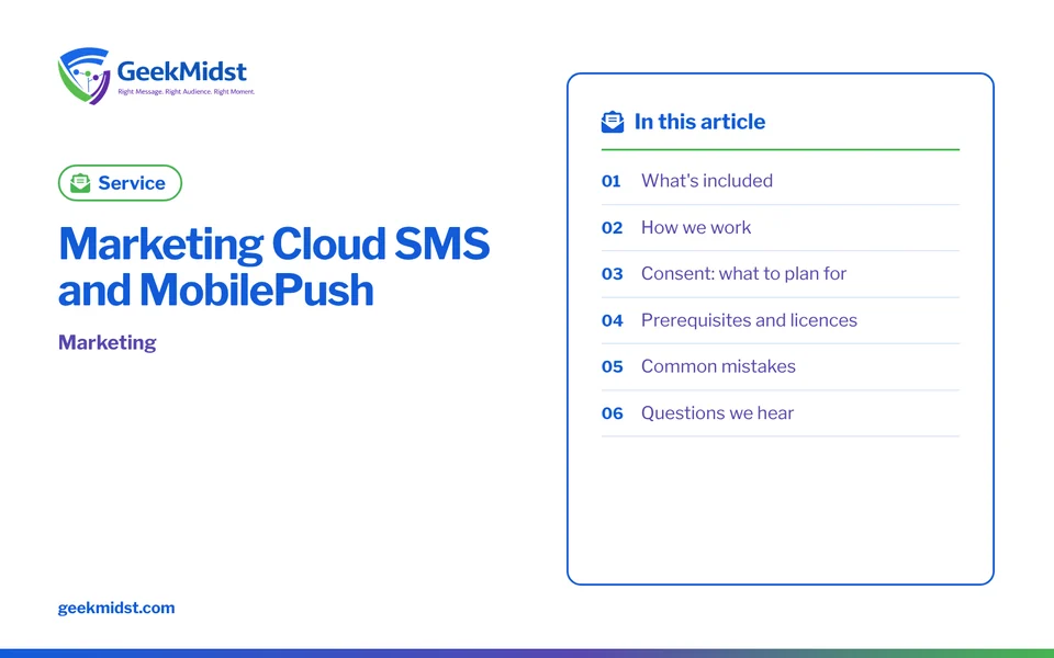 Banner for the GeekMidst service “Marketing Cloud SMS and MobilePush”, covering What's included and How we work