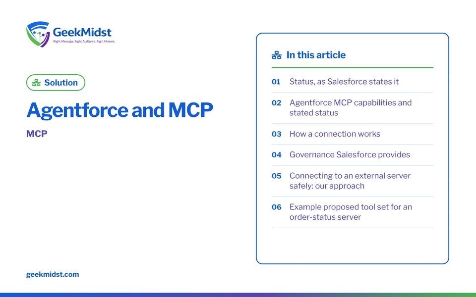 Banner for the GeekMidst solution “Agentforce and MCP”, covering Status, as Salesforce states it and Agentforce MCP capabilities and stated status