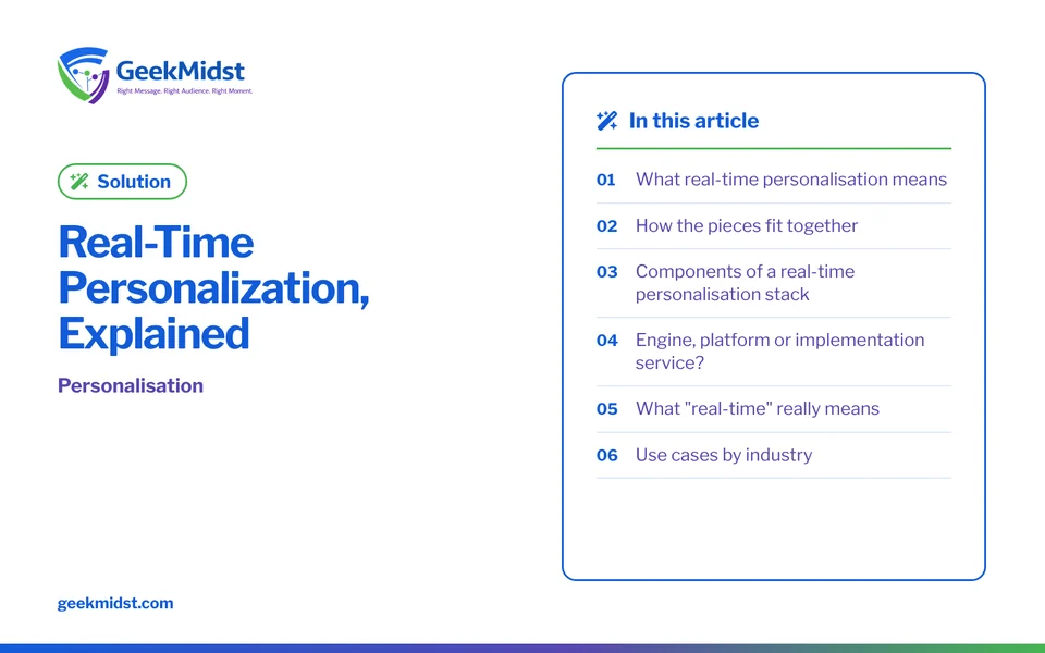 Banner for the GeekMidst solution “Real-Time Personalization, Explained”, covering What real-time personalisation means and How the pieces fit…