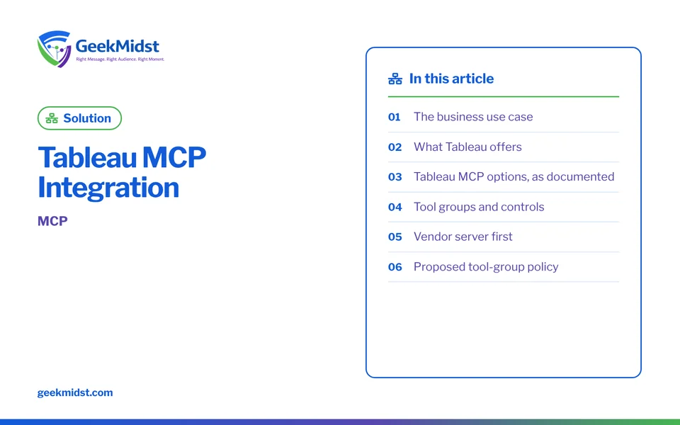 Banner for the GeekMidst solution “Tableau MCP Integration”, covering The business use case and What Tableau offers