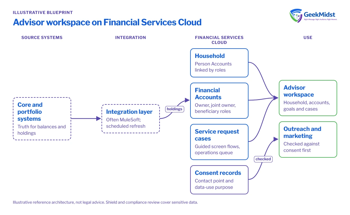 Diagram showing core banking and portfolio data flowing through an integration layer into Financial Services Cloud households, financial accounts, consent and service cases, shown in one advisor workspace