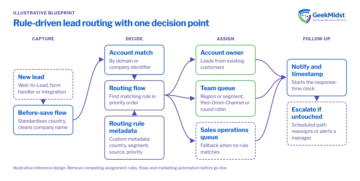 Diagram showing new leads normalised and matched to accounts, a routing flow reading custom metadata rules to assign account owners, team queues or a fallback queue, then notification and escalation