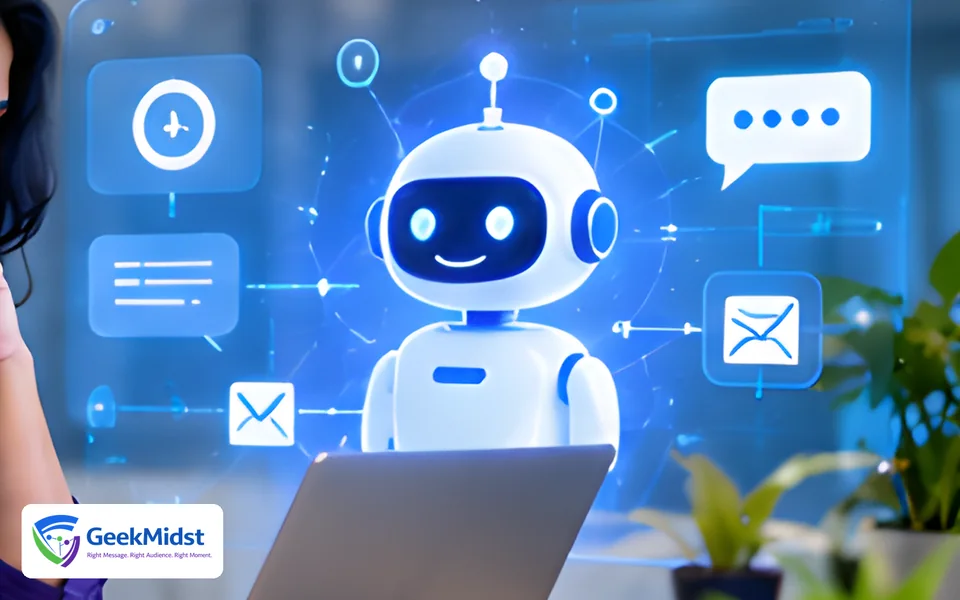 Professional reviewing an AI assistant concept on screen, with chat and email icons around a friendly robot