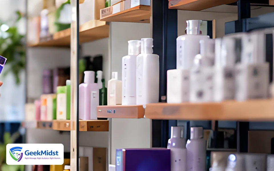 Shopper examining a skincare product in front of shelves of beauty products