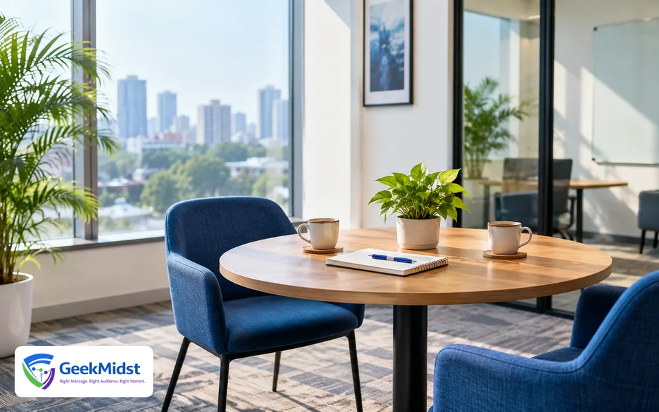 Small meeting area with blue chairs, a round table and two cups ready for a conversation