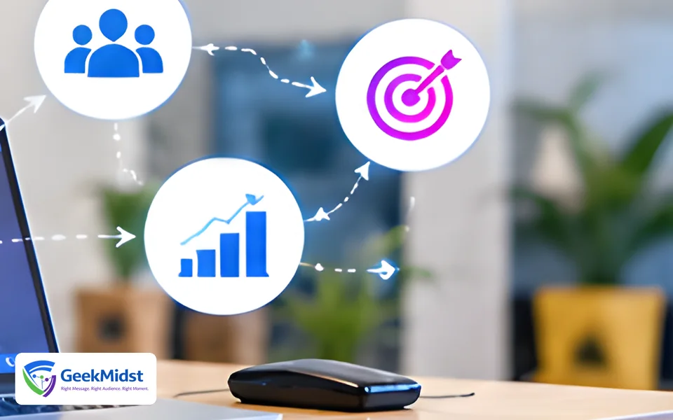 Laptop showing an email with icons for audience, targeting and results connected around it