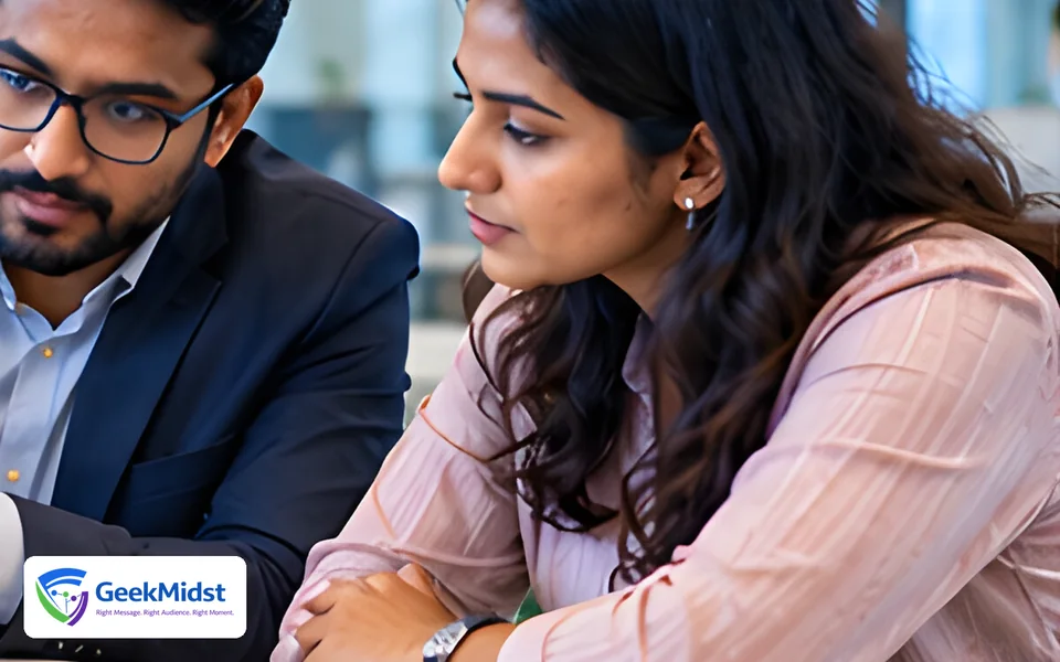 Consultant and colleague reviewing options together on a laptop