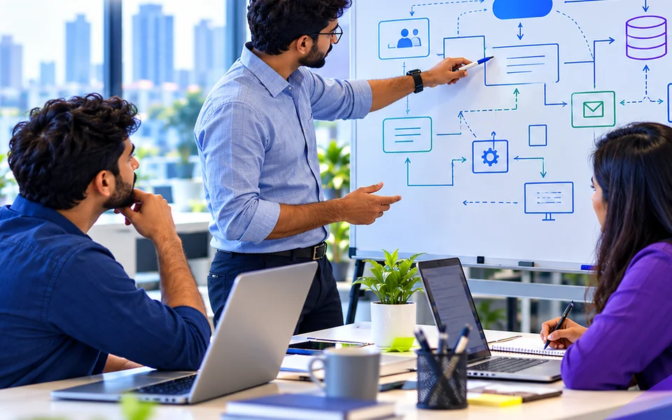 Consultant mapping a solution on a whiteboard while two colleagues follow along at a meeting table