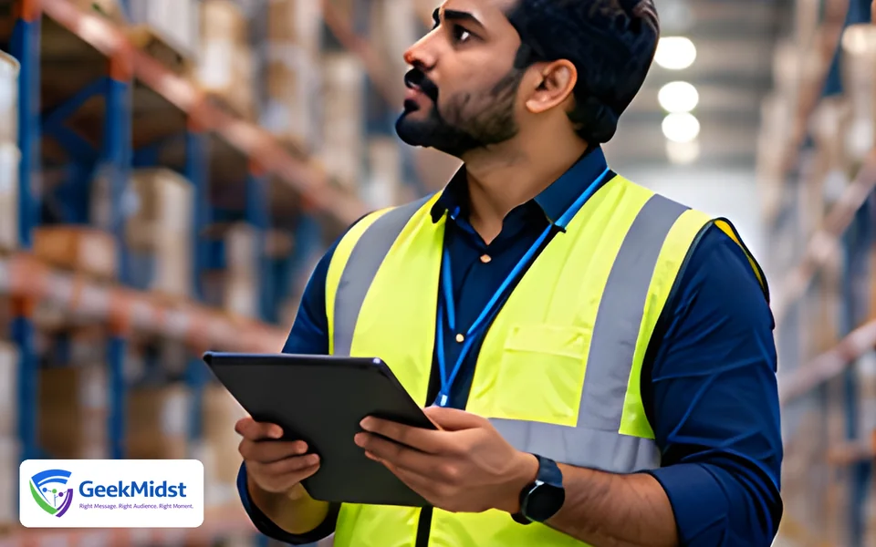 Warehouse supervisor in a high-visibility vest checking a tablet between stocked shelves