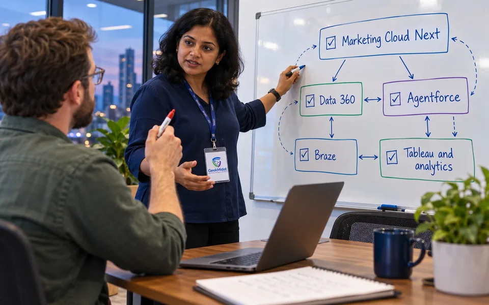 Architect drawing a system sketch on a whiteboard while a visiting developer questions a detail