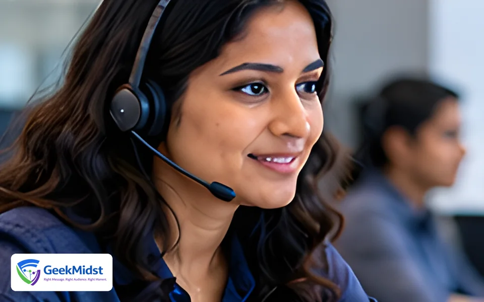 Contact centre agent with a headset smiling while helping a customer