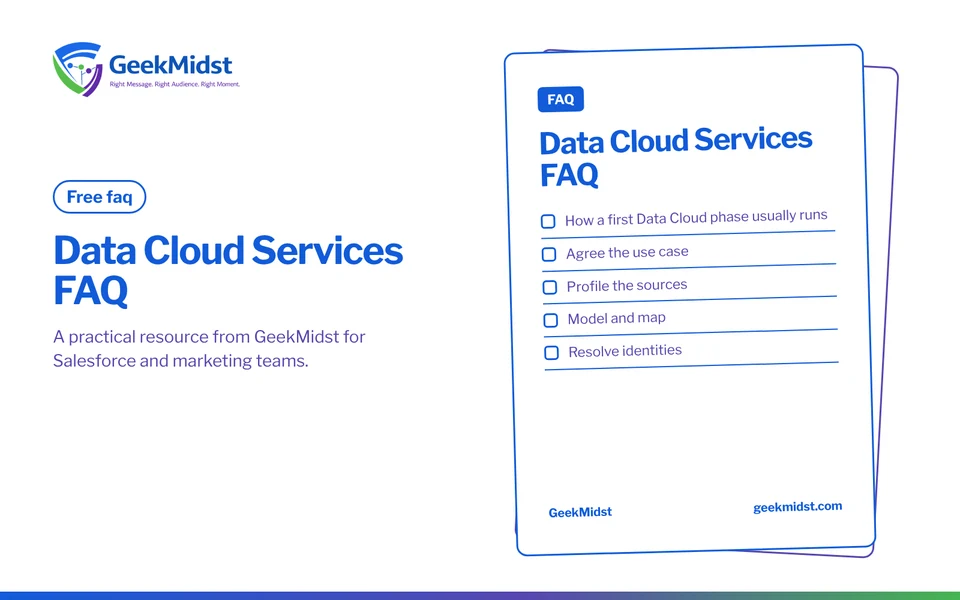 Cover of the GeekMidst Data Cloud Services FAQ (faq), listing sections: How a first Data Cloud phase usually runs, Agree the use case, Profile the sources