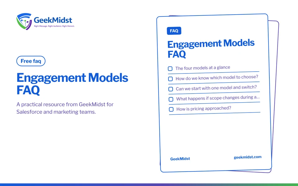 Cover of the GeekMidst Engagement Models FAQ (faq), listing sections: The four models at a glance, How do we know which model to choose?, Can we start with one model and switch?