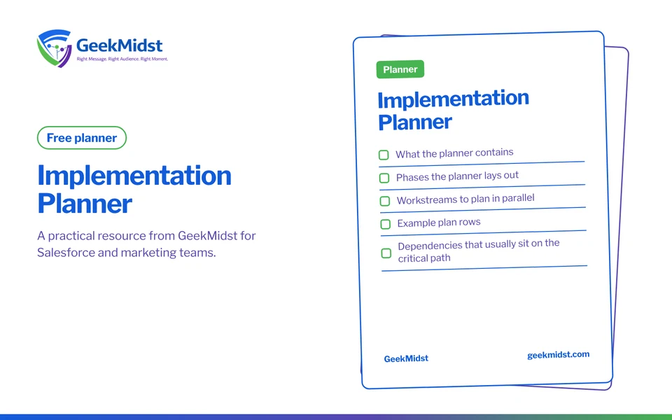 Cover of the GeekMidst Implementation Planner (planner), listing sections: What the planner contains, Phases the planner lays out, Workstreams to plan in parallel